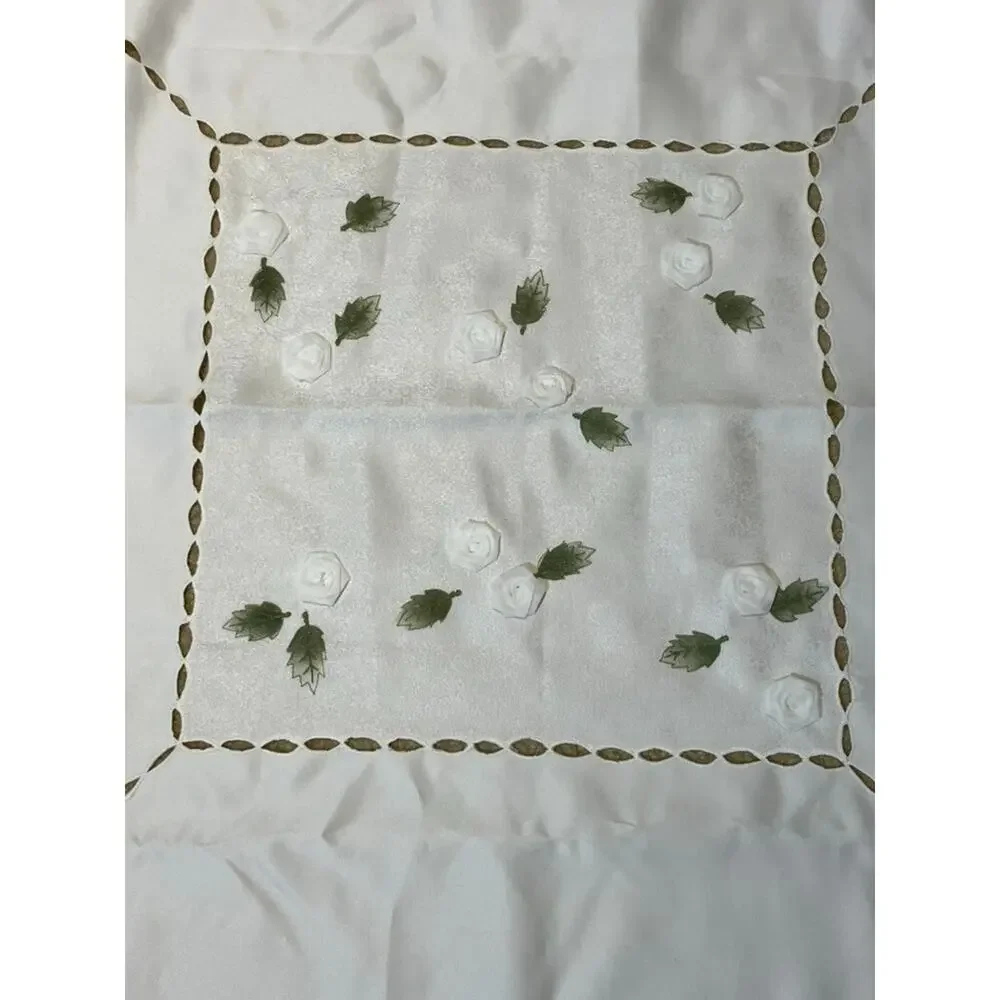 Table Topper White Floral Green Leaf Embellishments Cutwork 39 Inch Square